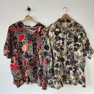 Womens Lot Of 2 Barkcloth Aloha Hawaiian Shirts Unbranded Wood Buttons Tiki